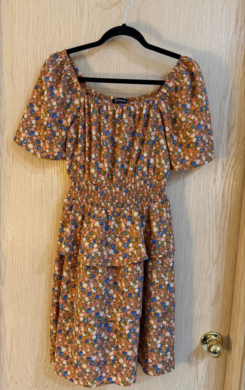 PrettyGarden Floral Smocked Waist Tiered Midi Dress Brown Blue Small